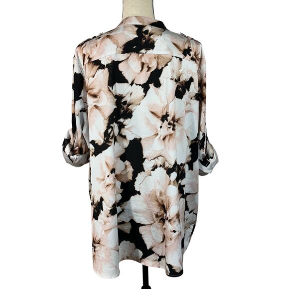 Calvin Klein SZ 1X-Large Top Floral Long Roll-Tab Sleeve Pocket V-Neck Button-Up - Picture 8 of 12